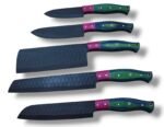 Five-piece green handle kitchen knife set with dark hammered-look blades, blue handle bands, magenta front sections, and decorative pins.
