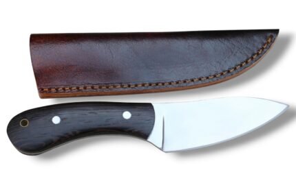 Dark Wood Skinning Knife with Polished Curved Blade and Brown Leather Sheath