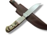Two-Tone Bone Style Handle Hunting Knife with polished silver blade, cream and gray-green curved handle, metal bolster and stitched brown sheath.