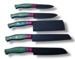 Five-piece green handle kitchen knife set with dark hammered-look blades, blue handle bands, magenta front sections, and decorative pins.