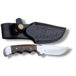 Clip Point Hunting Knife with Polished Steel Blade and Black Leather Sheath