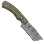 Damascus Pattern Cleaver Knife with silver-grey patterned blade, olive-grey honeycomb handle and dark brown stitched sheath
