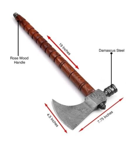 Damascus Pipe Tomahawk Axe with curved patterned metal head, hollow pipe-style fitting and reddish-brown carved wooden handle