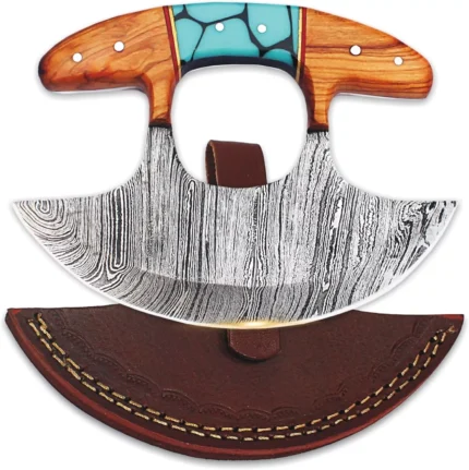 Double Handle Damascus Pattern Ulu Knife with curved black-and-silver blade, brown wood-grain handles, turquoise center panel and stitched sheath