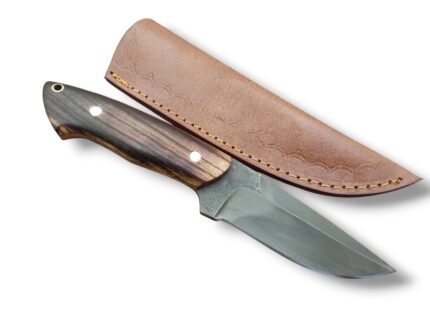 Wood Handle Fixed Blade Hunting Knife with silver-gray drop-point-style blade, brown wood-grain handle and tan stitched sheath