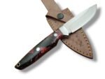 Blue Marble Handle Hunting Knife with Polished Curved Steel Blade, Blue and Gold Swirl Pattern Grip and Metal Lanyard Opening