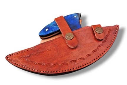 Blue Handle Curved Damascus Knife with wide sweeping silver-gray patterned blade, vibrant blue contoured grip and three silver-toned pins