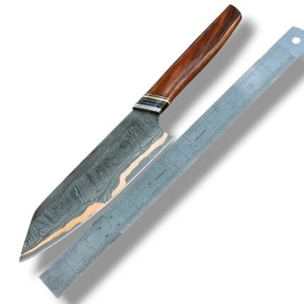 Copper wave Damascus chef knife with silver-blue patterned pointed blade, wavy copper-colored accent and reddish-brown wood-look handle