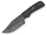 Black grooved handle knife with a broad Damascus-style patterned blade, two gold-tone pins and a red-and-gold mosaic-style insert