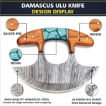 Double Handle Damascus Pattern Ulu Knife with curved black-and-silver blade, brown wood-grain handles, turquoise center panel and stitched sheath