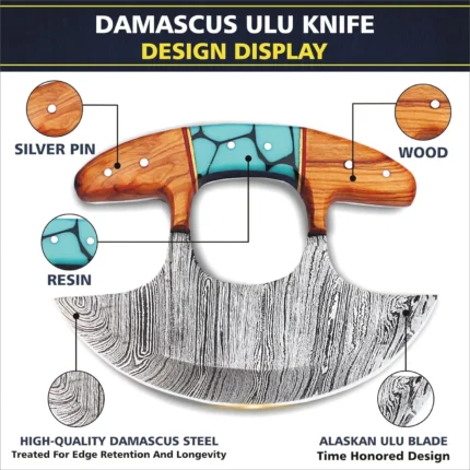 Double Handle Damascus Pattern Ulu Knife with curved black-and-silver blade, brown wood-grain handles, turquoise center panel and stitched sheath