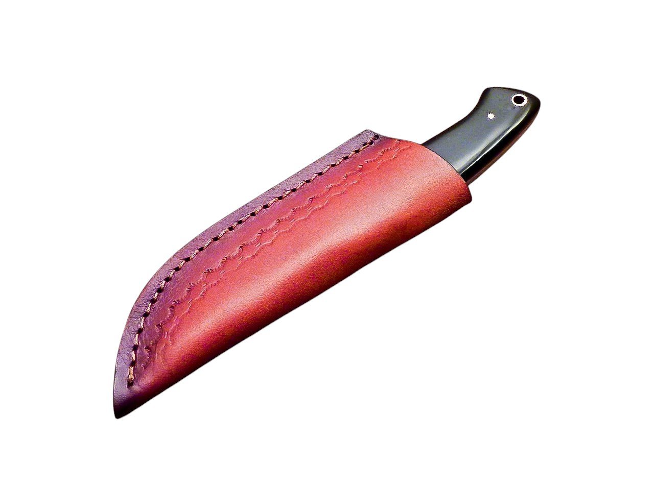 Rasp texture fixed blade knife with a black-and-brown handle, silver-tone pins, and a rear eyelet, displayed over a stitched reddish-brown sheath.