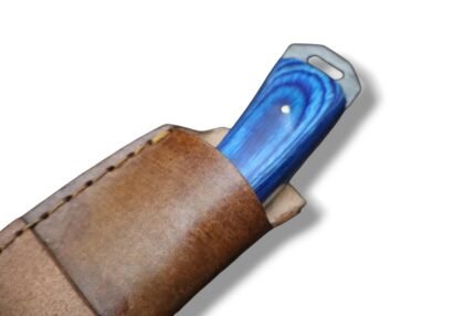 Blue handle Damascus hunting knife with a silver-gray patterned fixed blade, grooved spine, elongated blade slot and blue-black marbled grip