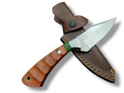 Wood Handle Fixed Blade Hunting Knife with polished silver blade, brown striped handle, green spacer and matching brown stitched sheath.