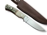 Two-Tone Bone Style Handle Hunting Knife with polished silver blade, cream and gray-green curved handle, metal bolster and stitched brown sheath.