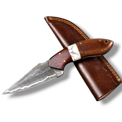 Two-Tone Wood Handle Damascus Hunting Knife with pointed gray patterned blade, reddish-brown handle, white marbled spacer and brown stitched sheath.