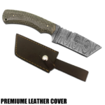 Damascus Pattern Cleaver Knife with silver-grey patterned blade, olive-grey honeycomb handle and dark brown stitched sheath