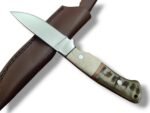 Two-Tone Bone Style Handle Hunting Knife with polished silver blade, cream and gray-green curved handle, metal bolster and stitched brown sheath.