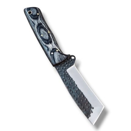 Blue handle straight edge knife with a dark dimpled blade, silver bevel, and blue-and-white grain-look grip beside a brown stitched sheath.