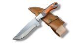 Orange black handle hunting knife with broad satin-silver blade, contoured two-tone grip, silver bolster and brown double-strap sheath