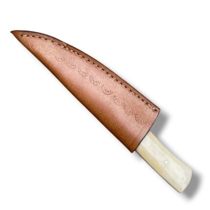 Damascus Pattern Hunting Knife with silver-grey patterned blade, black and cream two-tone handle, and brown stitched sheath