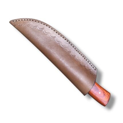 Reddish brown handle Damascus hunting knife featuring a silver-gray patterned fixed blade, cream front handle accent and brown stitched sheath