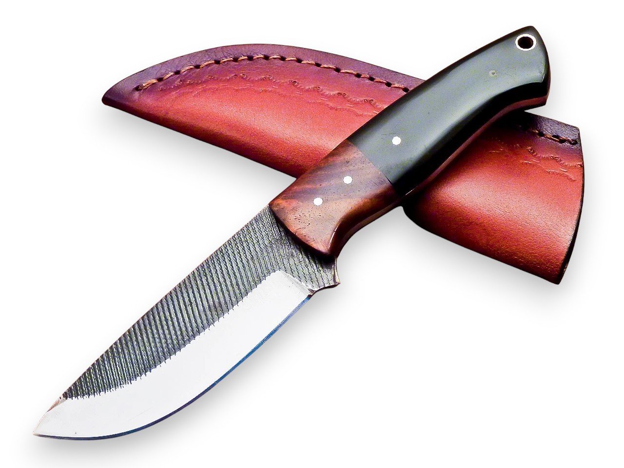 Rasp texture fixed blade knife with a black-and-brown handle, silver-tone pins, and a rear eyelet, displayed over a stitched reddish-brown sheath.