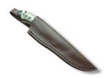 Two-Tone Bone Style Handle Hunting Knife with polished silver blade, cream and gray-green curved handle, metal bolster and stitched brown sheath.