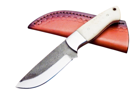 White handle rasp finish hunting knife with textured silver blade, polished bolster, cream grip and brown decorative stitched sheath