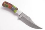 Multicolor handle knife with orange, green, and gray contour patterns, two silver-tone pins, a silver-tone bolster, and a patterned fixed blade.
