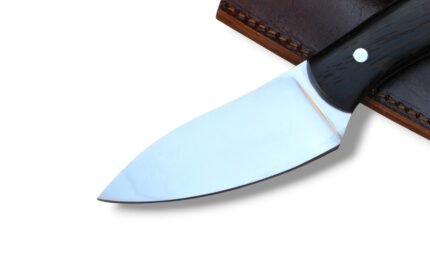 Dark Wood Skinning Knife with Polished Curved Blade and Brown Leather Sheath