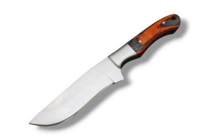 Orange black handle hunting knife with broad satin-silver blade, contoured two-tone grip, silver bolster and brown double-strap sheath