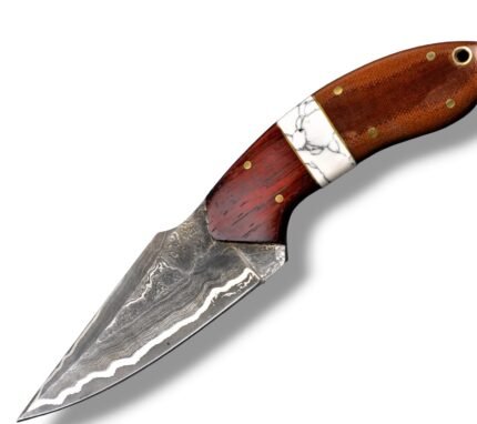Two-Tone Wood Handle Damascus Hunting Knife with pointed gray patterned blade, reddish-brown handle, white marbled spacer and brown stitched sheath.