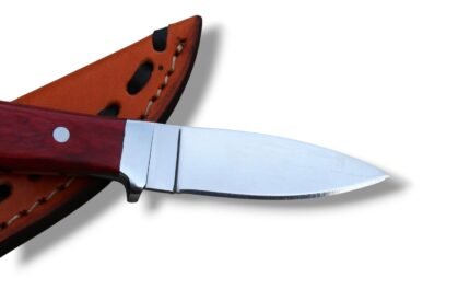 Fixed Blade Hunting Knife with Red Wooden Handle, Polished Steel Blade and Brown Leather Sheath