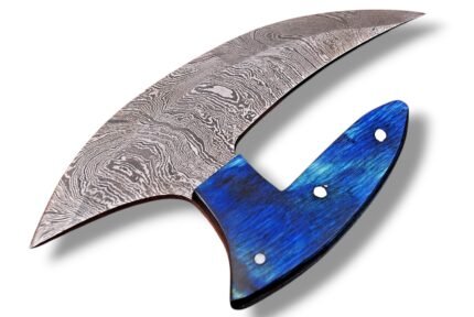 Blue Handle Curved Damascus Knife with wide sweeping silver-gray patterned blade, vibrant blue contoured grip and three silver-toned pins