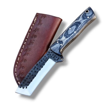 Blue handle straight edge knife with a dark dimpled blade, silver bevel, and blue-and-white grain-look grip beside a brown stitched sheath.