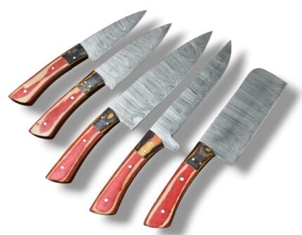 5 Piece Red Wood Handle Damascus Kitchen Knife Set showing five silver-gray patterned blades, matching red-and-cream handles, and a wide rectangular cleaver-style knife.