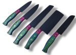 Five-piece green handle kitchen knife set with dark hammered-look blades, blue handle bands, magenta front sections, and decorative pins.