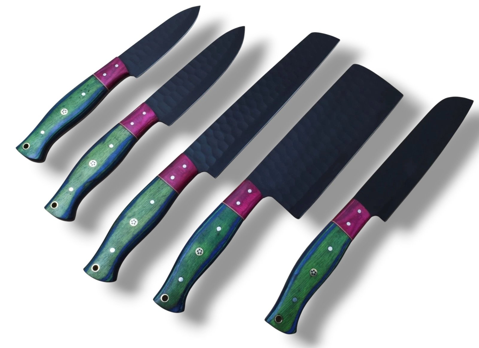 s-l1600-Photoroom Five-piece green handle kitchen knife set with dark hammered-look blades, blue handle bands, magenta front sections, and decorative pins.