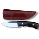 Fixed Blade Hunting Knife with Wooden Handle and Brown Leather Sheath