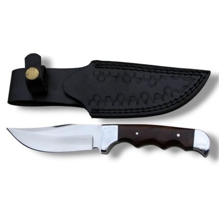 Clip Point Hunting Knife with Polished Steel Blade and Black Leather Sheath