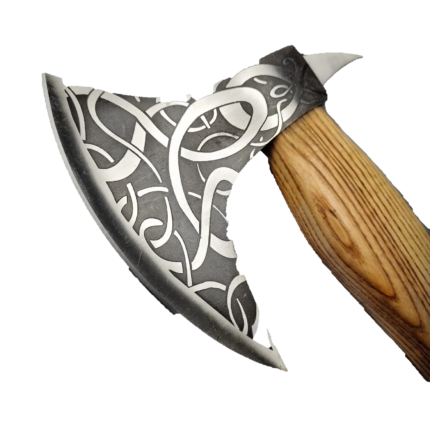 Engraved Viking Bearded Axe with silver Celtic knot patterns, curved blade, pointed rear spike and long golden-brown to black wood-grain handle
