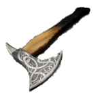 Engraved Viking Bearded Axe with silver Celtic knot patterns, curved blade, pointed rear spike and long golden-brown to black wood-grain handle