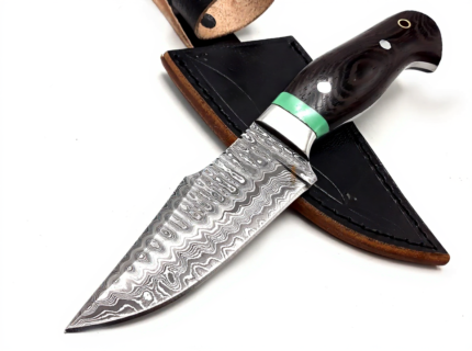 Black Wood Damascus Hunting Knife with silver-gray wavy blade pattern, dark brown wood-grain handle, green spacer and black stitched sheath.