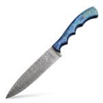 Blue Handle Patterned Chef Knife with long silver-gray swirling blade, contoured turquoise and navy finger-groove handle and metal pins