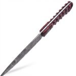 Red black Damascus hunting knife with a pointed silver-gray patterned blade, red-and-black carved-look handle and black stitched sheath with two silver fasteners.