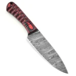 Red black Damascus hunting knife with a pointed silver-gray patterned blade, red-and-black carved-look handle and black stitched sheath with two silver fasteners.