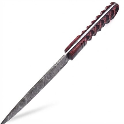 Red black Damascus hunting knife with a pointed silver-gray patterned blade, red-and-black carved-look handle and black stitched sheath with two silver fasteners.