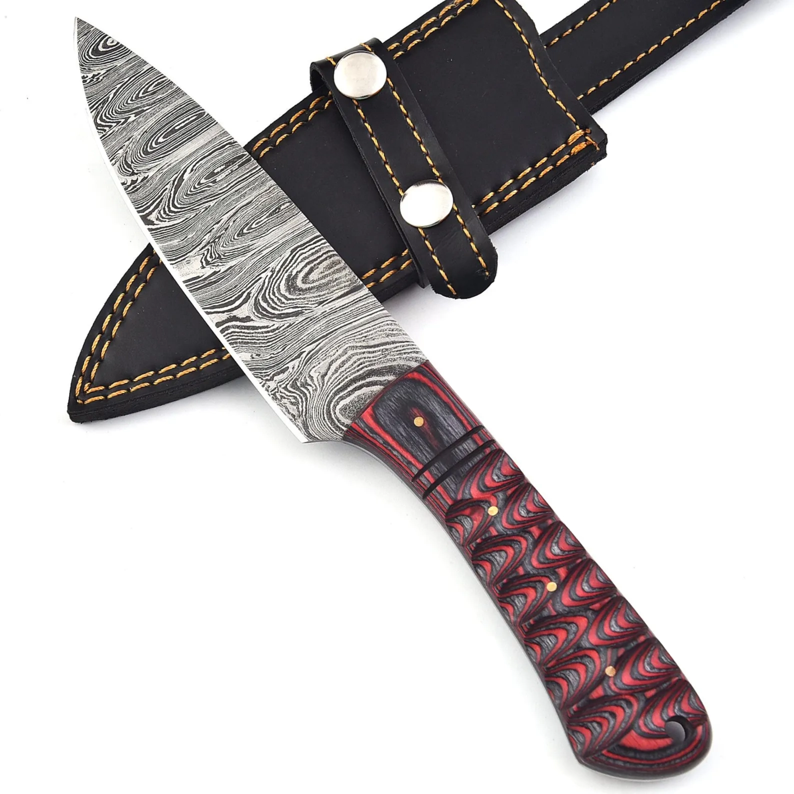 wmremove-transformed Red black Damascus hunting knife with a pointed silver-gray patterned blade, red-and-black carved-look handle and black stitched sheath with two silver fasteners.